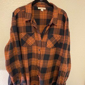 Peyton Jensen Plaid Flannel Shirt w//Chiffon Shirt Tail SZ XL/TG Black/Rust